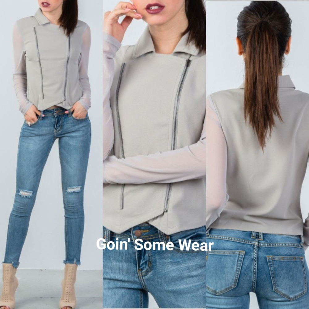 Double Zip Front Womens Moto Mesh Long Sleeve Asymmetrical Hem Outerwear Jacket